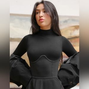 Joah Brown Corset Shirt Women's S/M Black Mock Neck Long Sleeve Ribbed Form Fit